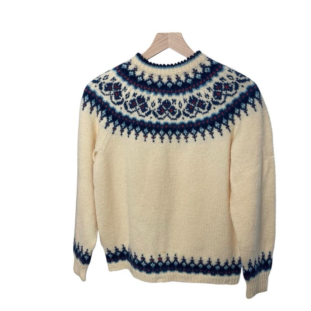 NORSK HUSFLID Vtg 70s Wool Fair Isle Hand knit Fisherman cardigan Blu/Cream, S/M - Picture 5 of 10